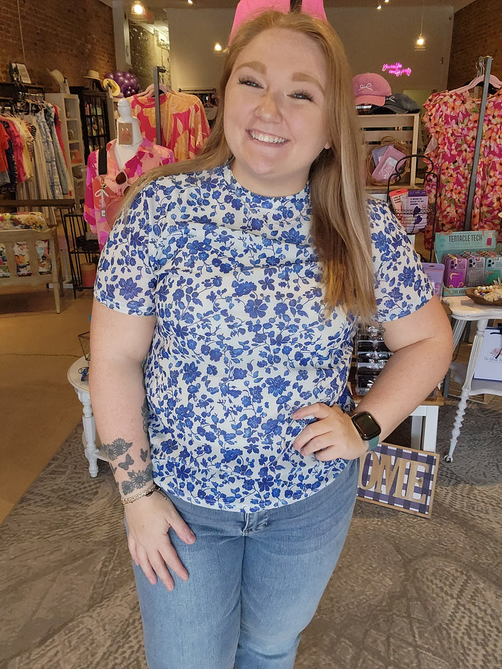 Royal Blue Floral Mesh Top