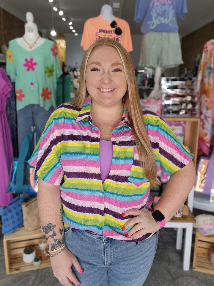 Multi Color Strip Button Up Top