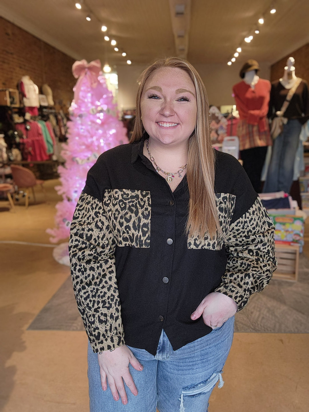 Leopard Sleeve Denim Shacket