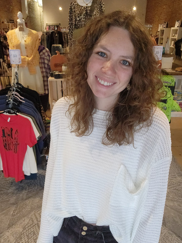 Long Sleeve Waffle Front Pocket Top