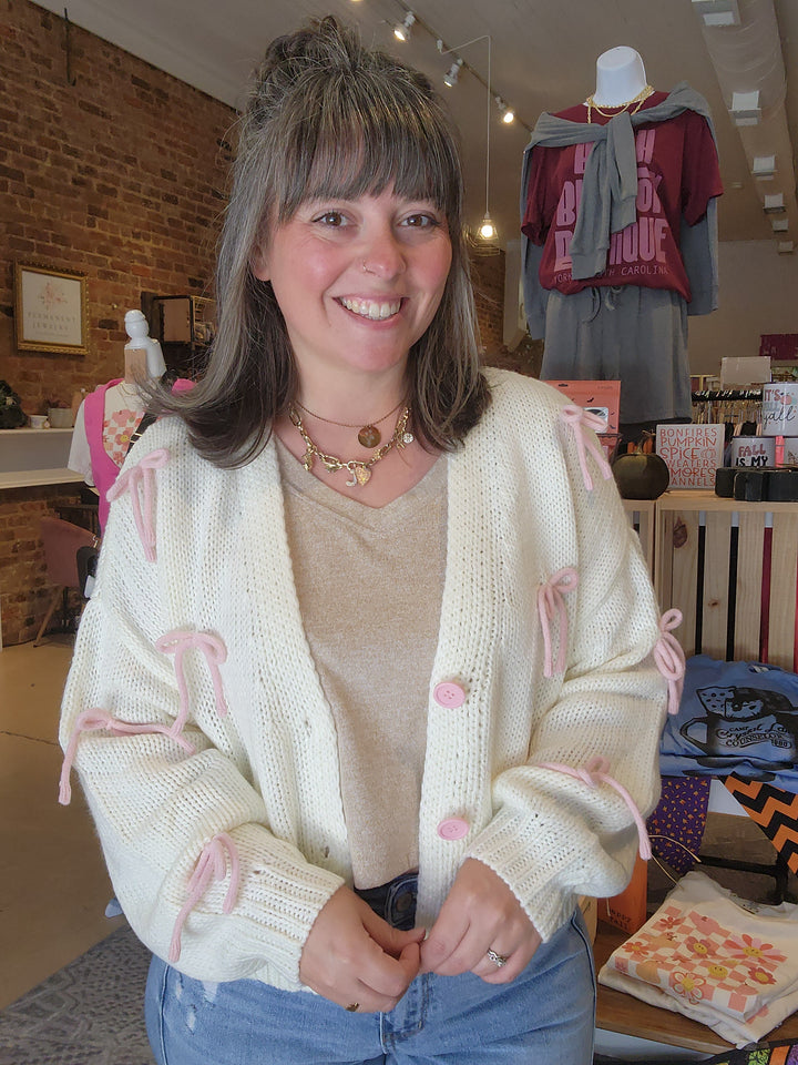 Pink Bow Button Sweater