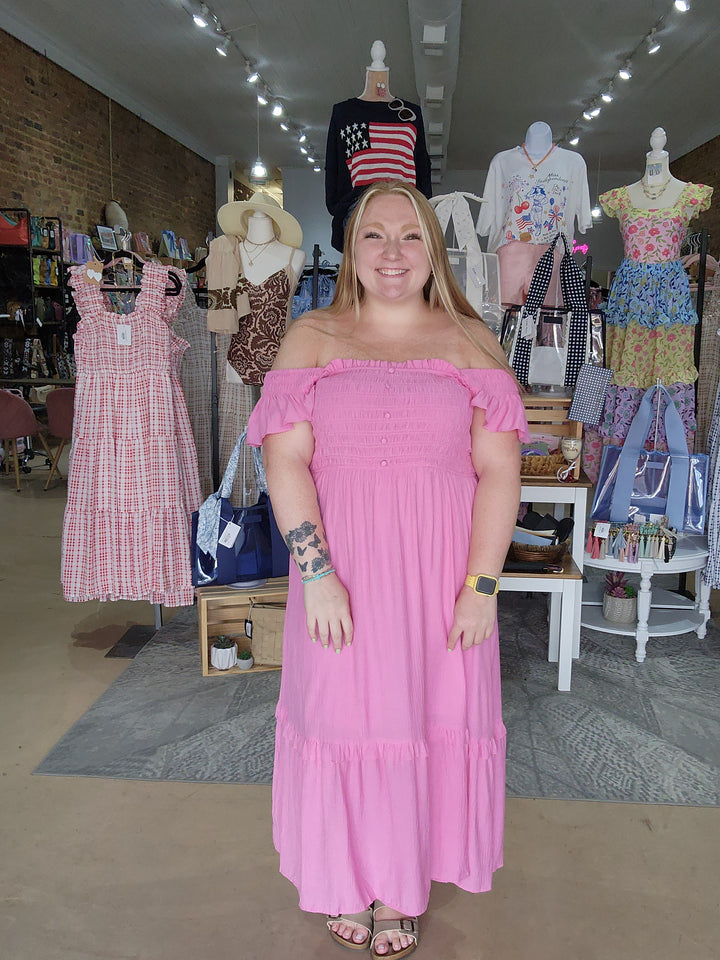 Mock Button Smocked Midi Dress