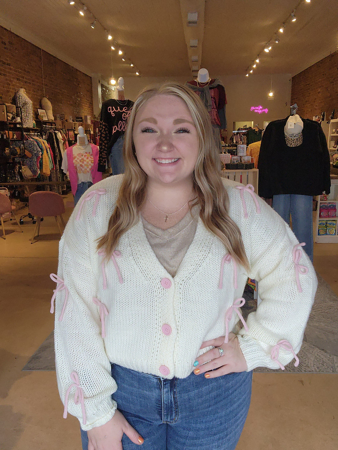 Pink Bow Button Sweater