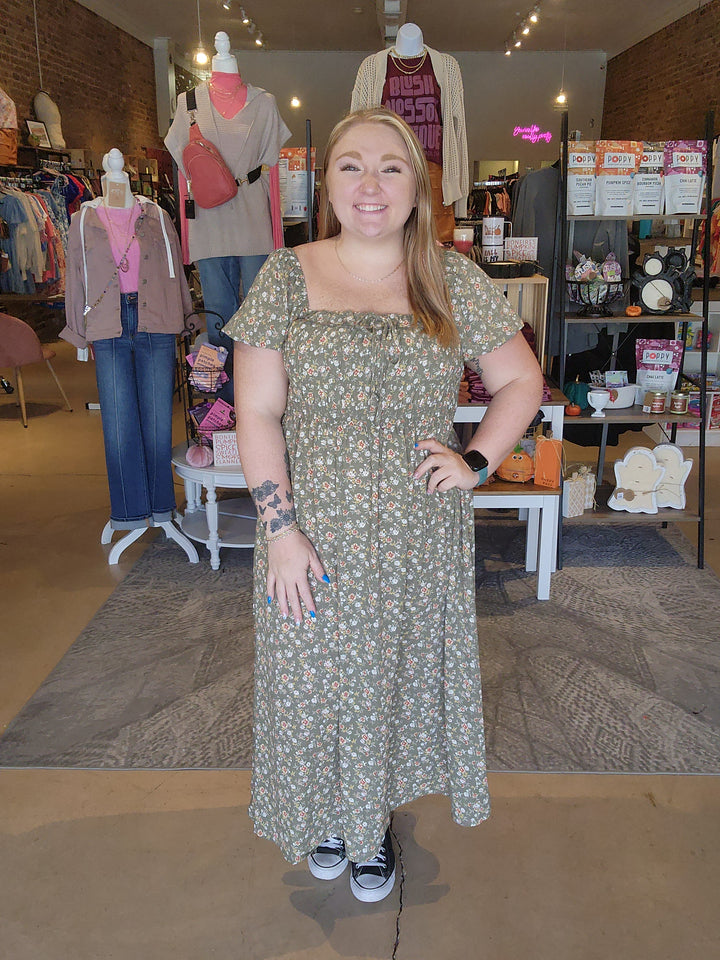 Olive Floral Midi Dress