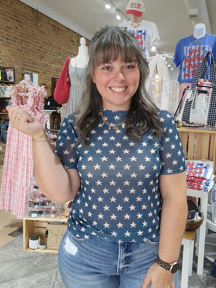 Navy Star Mesh Top