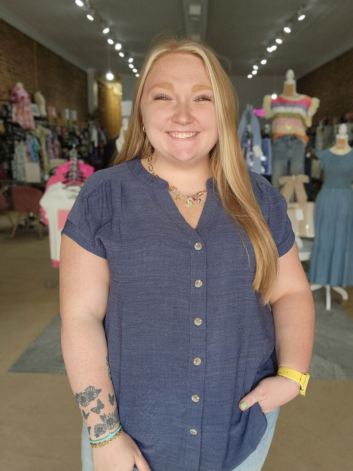 Navy Cuffed Sleeve Button Down Lightweight Top