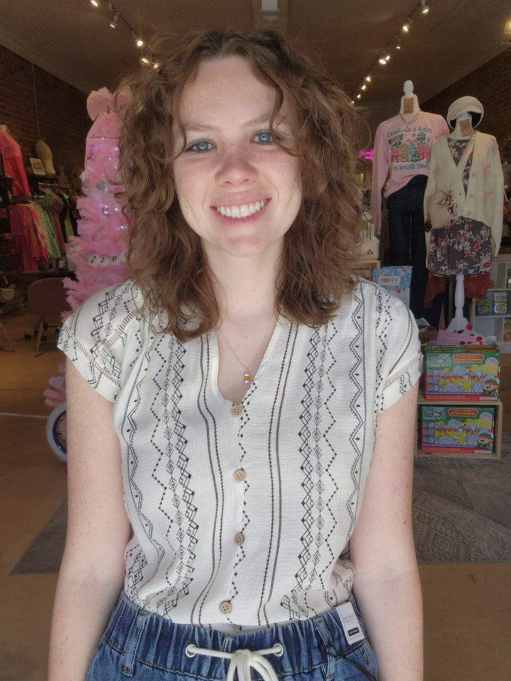 Geo Print Faux Button Top