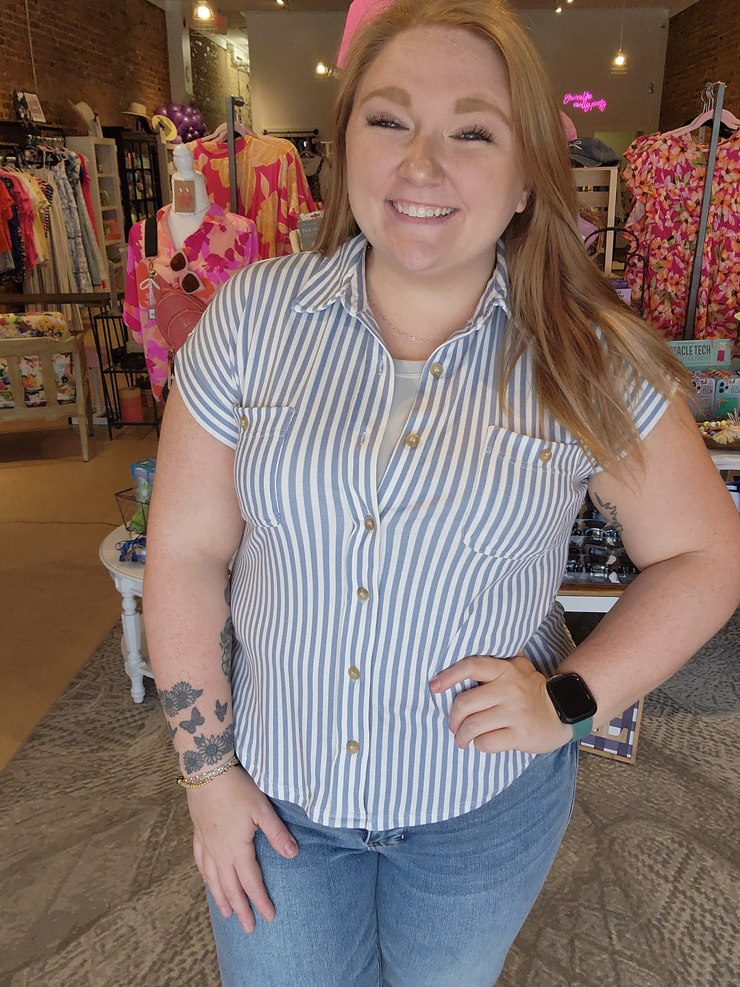 Stripped Button Down Cap Sleeve Tee