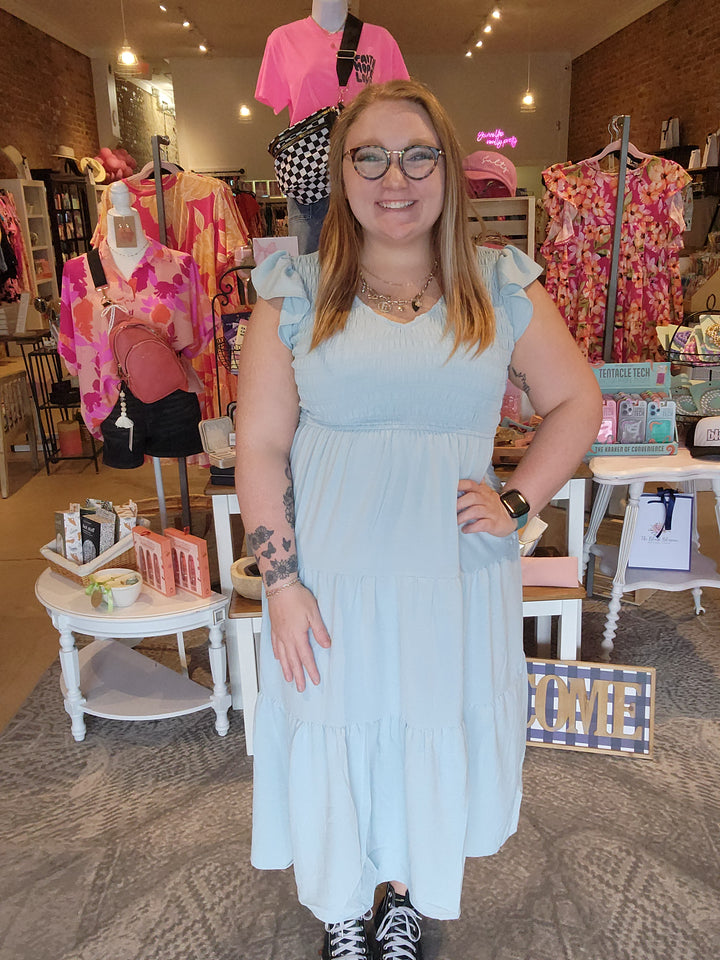 Flutter Sleeve V Neck Midi Dress