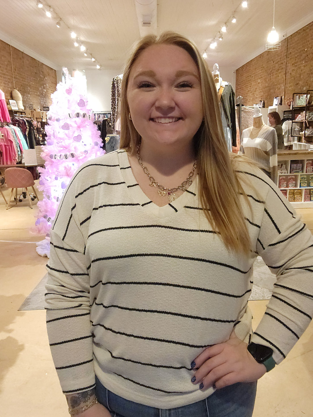 Loose Weave Stripe V Neck Top