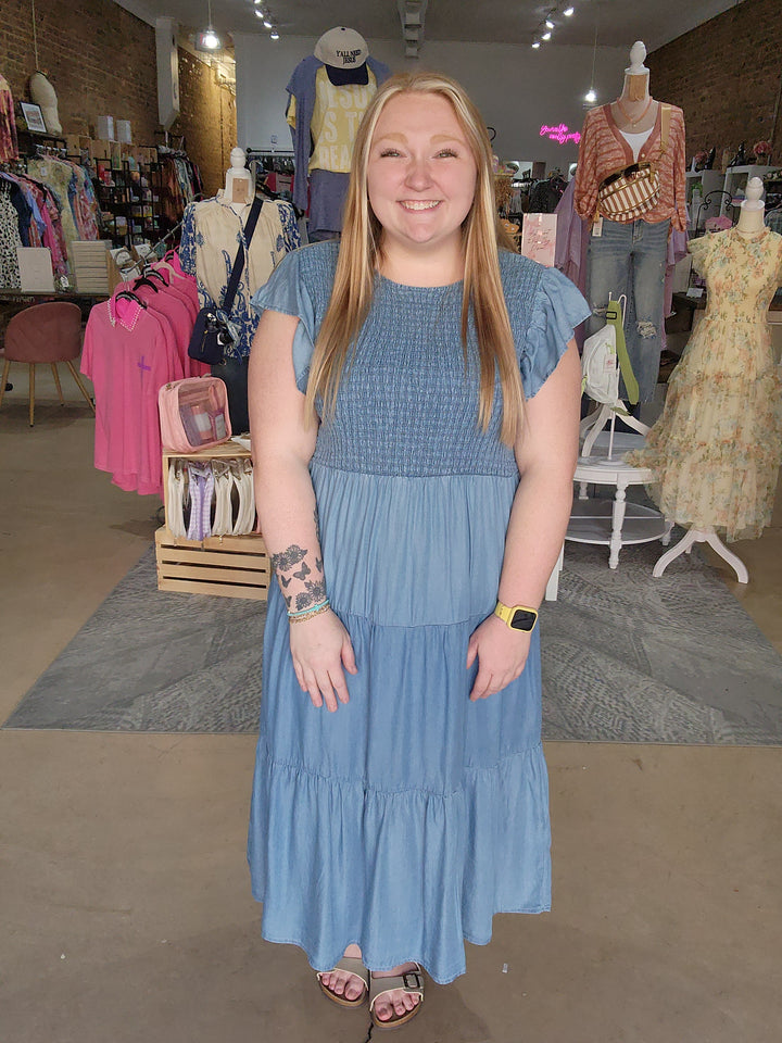 Smocked Chambray Midi Dress
