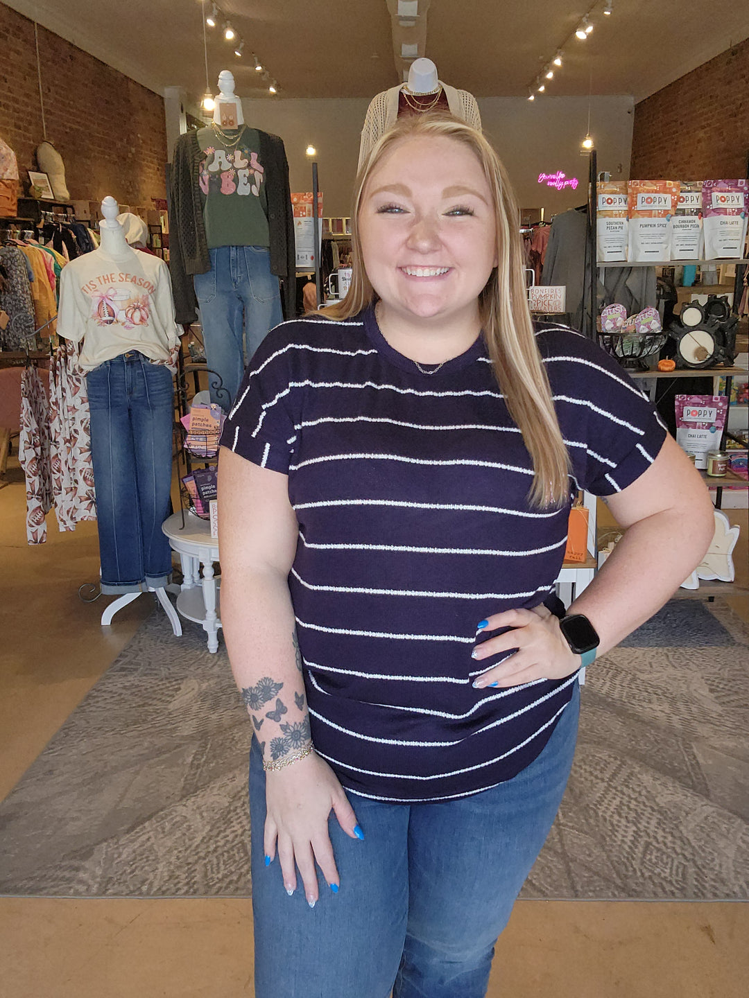 Round Neck Stripe Short Sleeve Knit Top