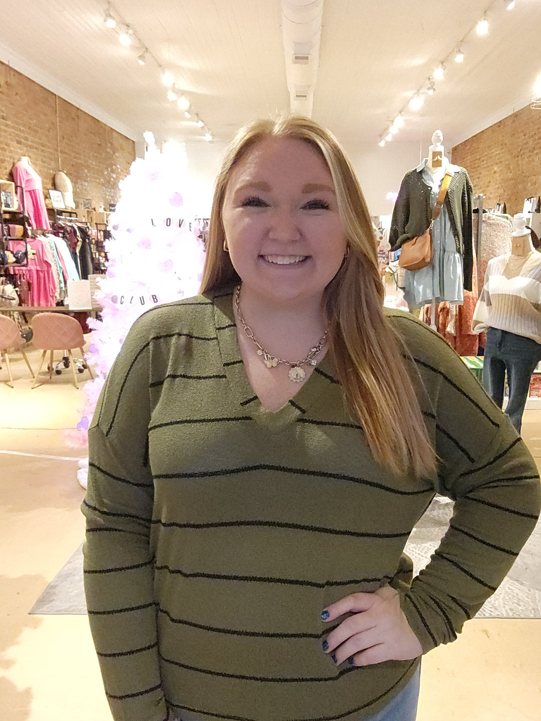 Loose Weave Stripe V Neck Top