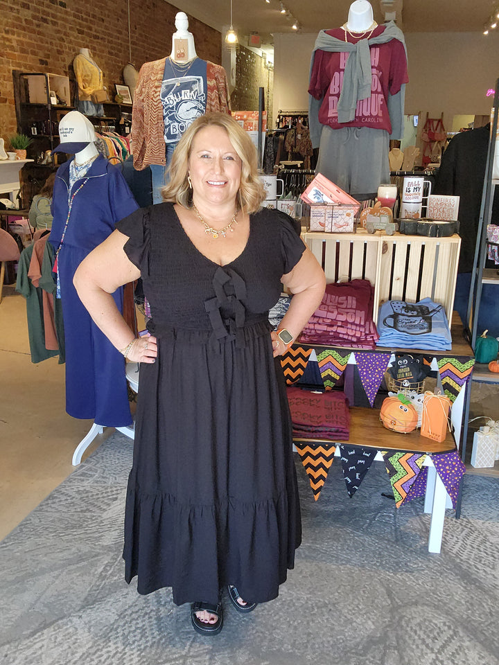 Black Smocked Bow Front Dress