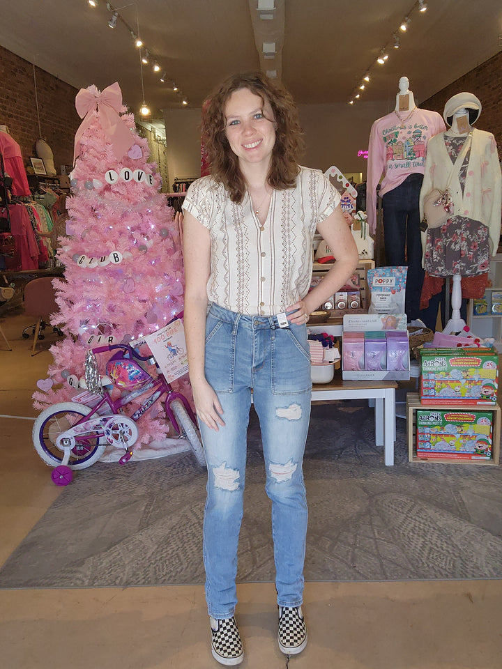 Geo Print Faux Button Top