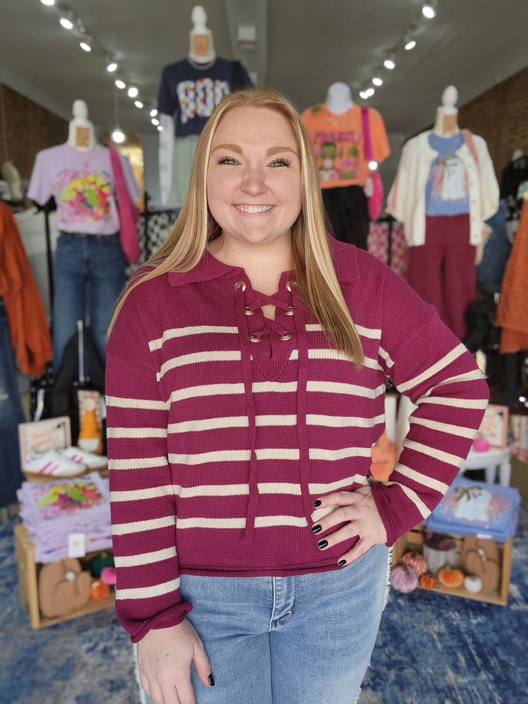 Berry Stripe Lace Up Collar Sweater