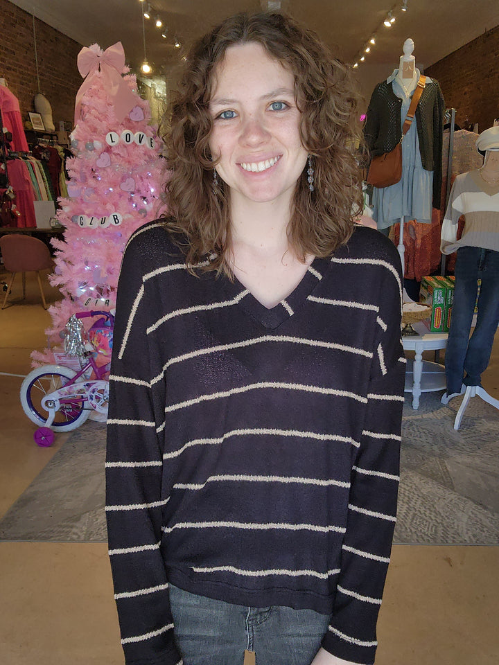 Loose Weave Stripe V Neck Top