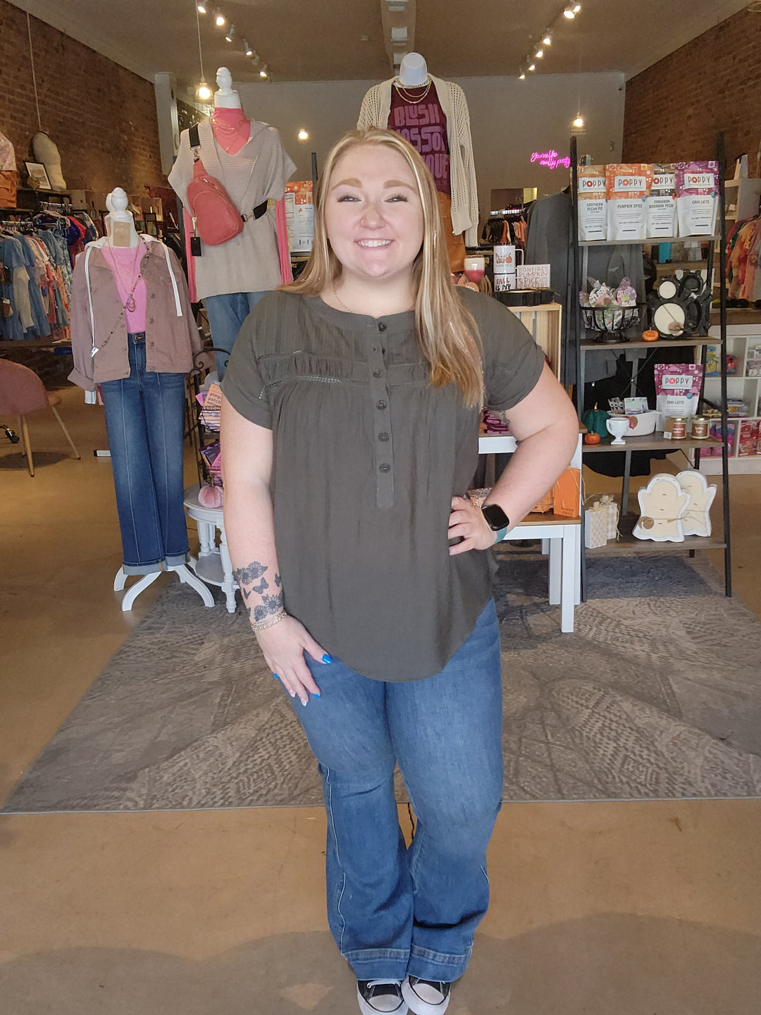 Eyelet Trim Half Button Top