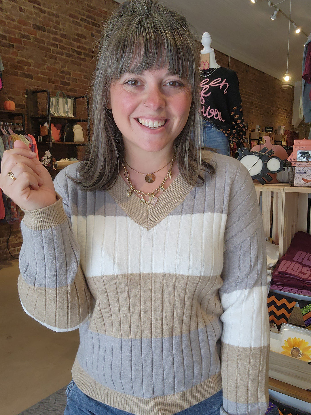 Neutral Striped Rib Knit Sweater