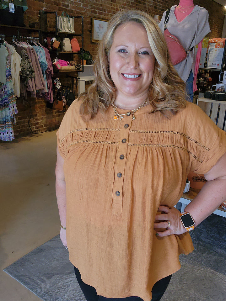 Eyelet Trim Half Button Top