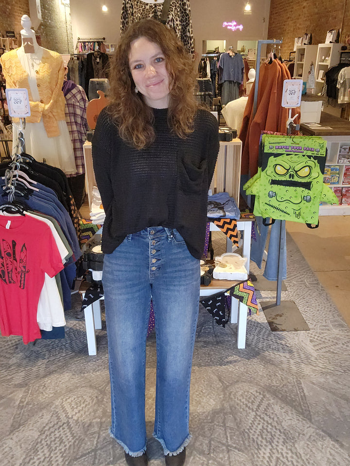 Long Sleeve Waffle Front Pocket Top