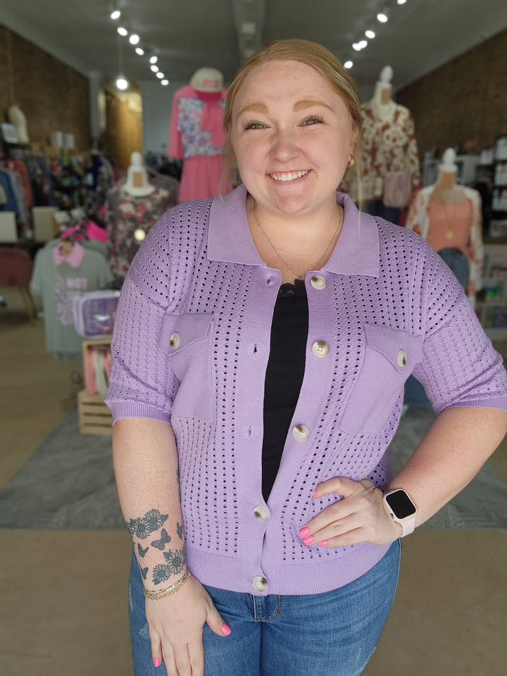 Pointelle Button Up Knit Top