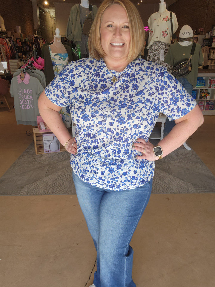 Royal Blue Floral Mesh Top