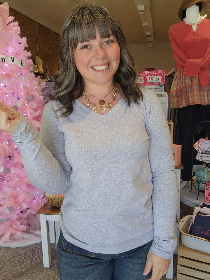 Grey V Neck Long Sleeve Tee