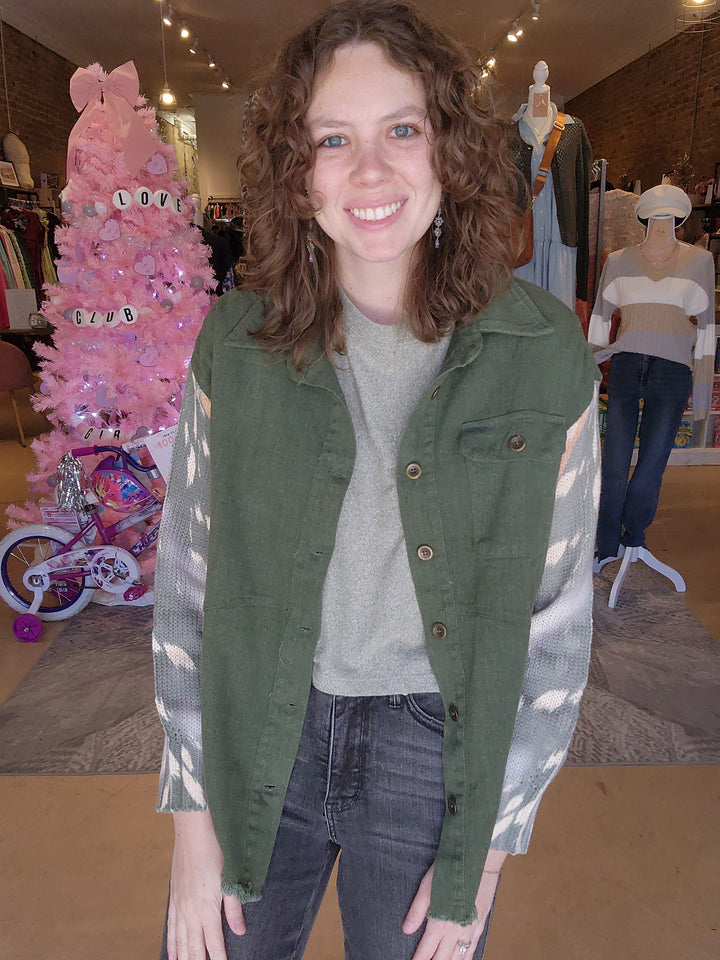 Knit Sleeve Denim Shacket