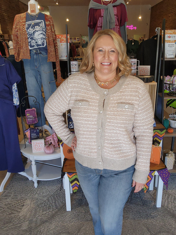 Pearl Button Grey Stripe Cardigan