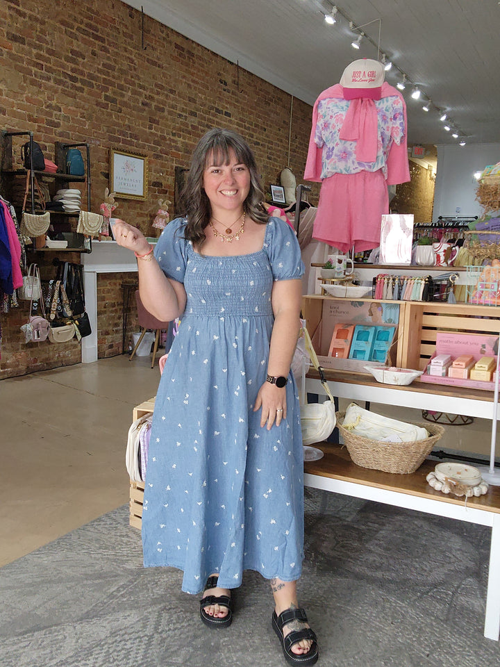 Embroidered Chambray Midi Dress
