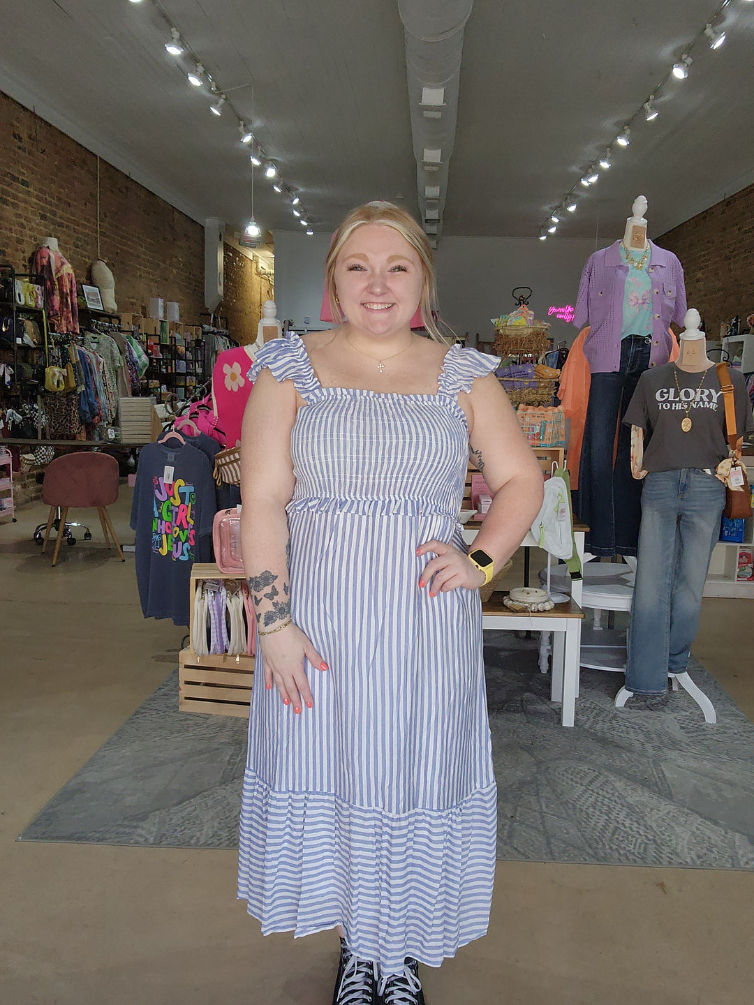 Stripe Smocked Midi Dress
