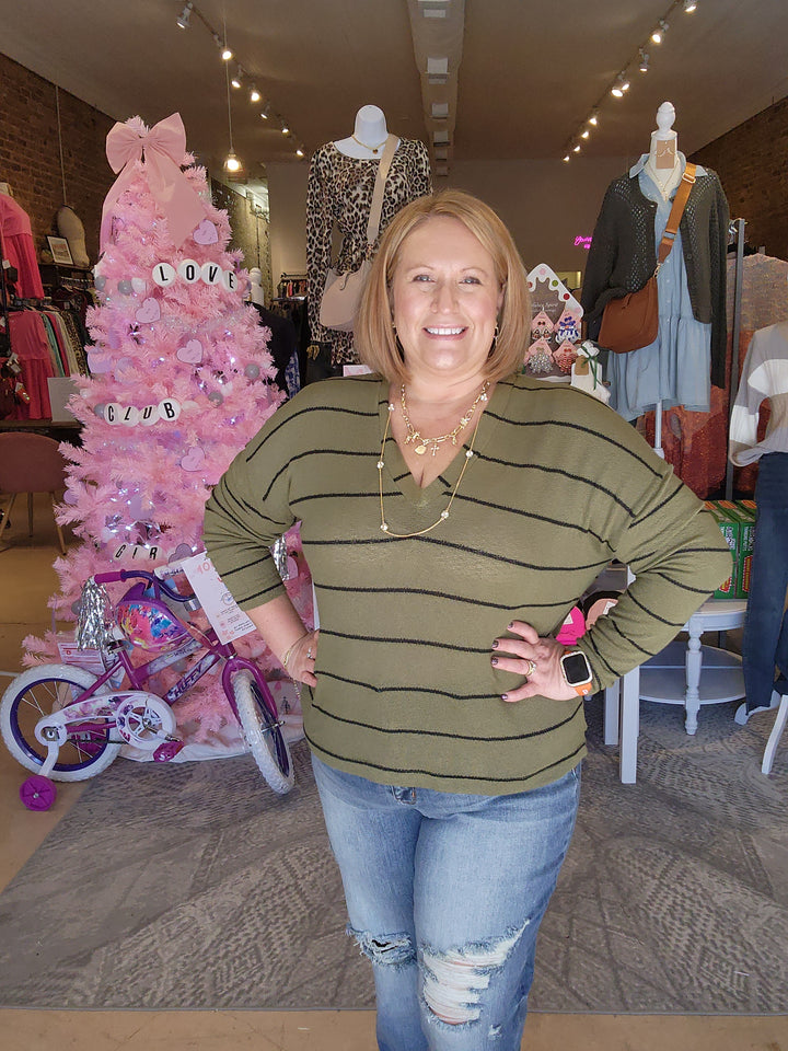 Loose Weave Stripe V Neck Top