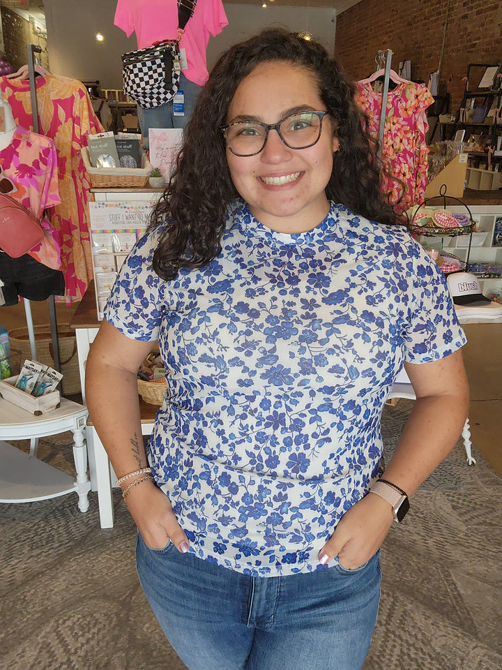 Royal Blue Floral Mesh Top
