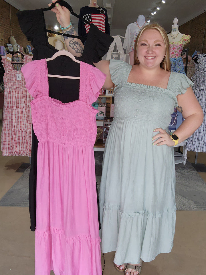 Mock Button Smocked Midi Dress