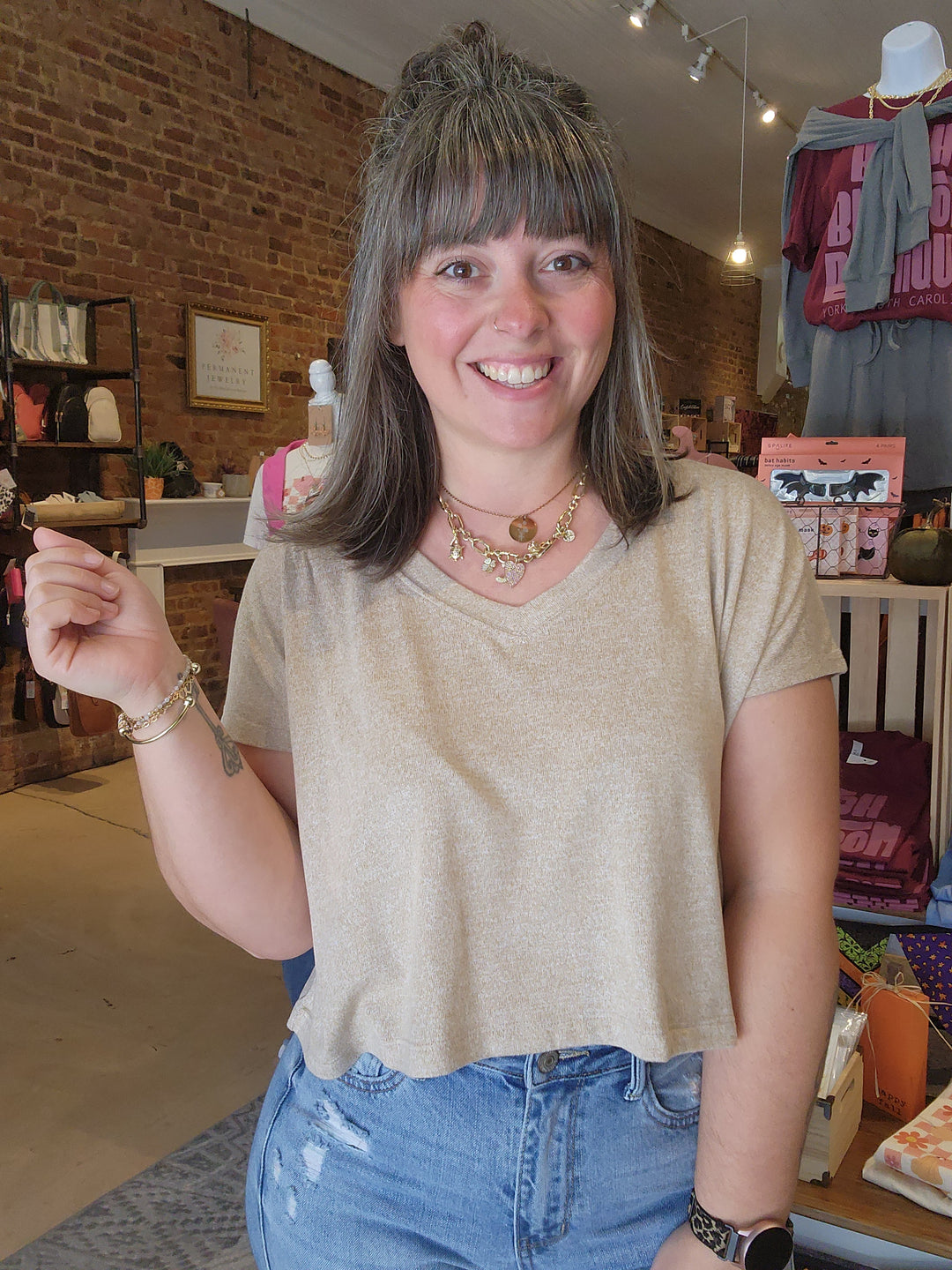 Beige Plush V-Neck Crop Tee