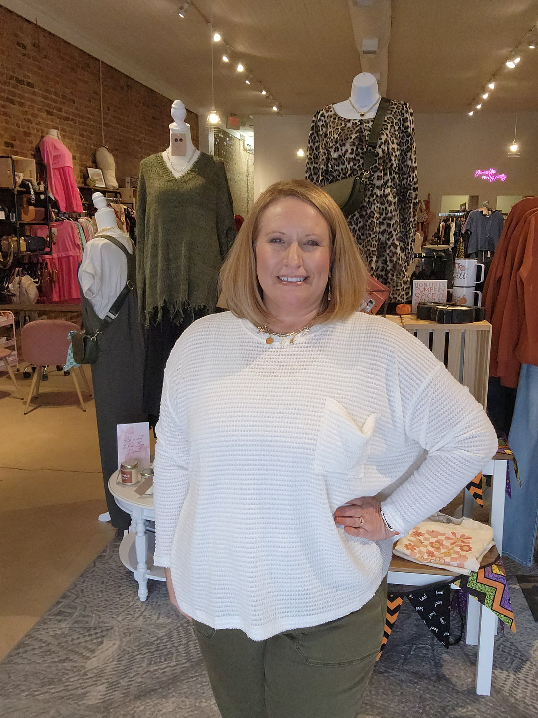 Long Sleeve Waffle Front Pocket Top