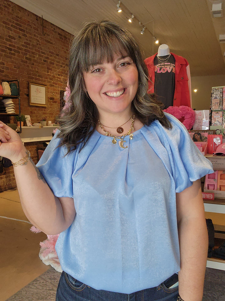 Blue Bubble Sleeve Blouse