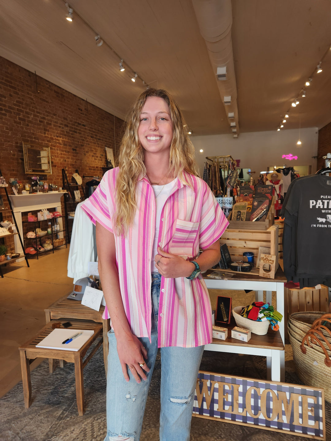 Multi Pink Button Top