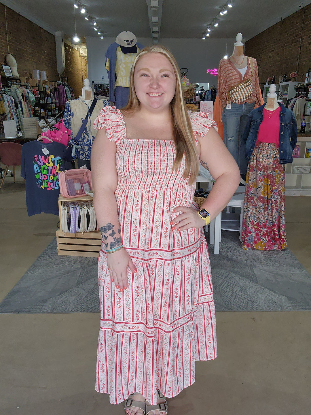 Stripe Floral Smocked Midi Dress