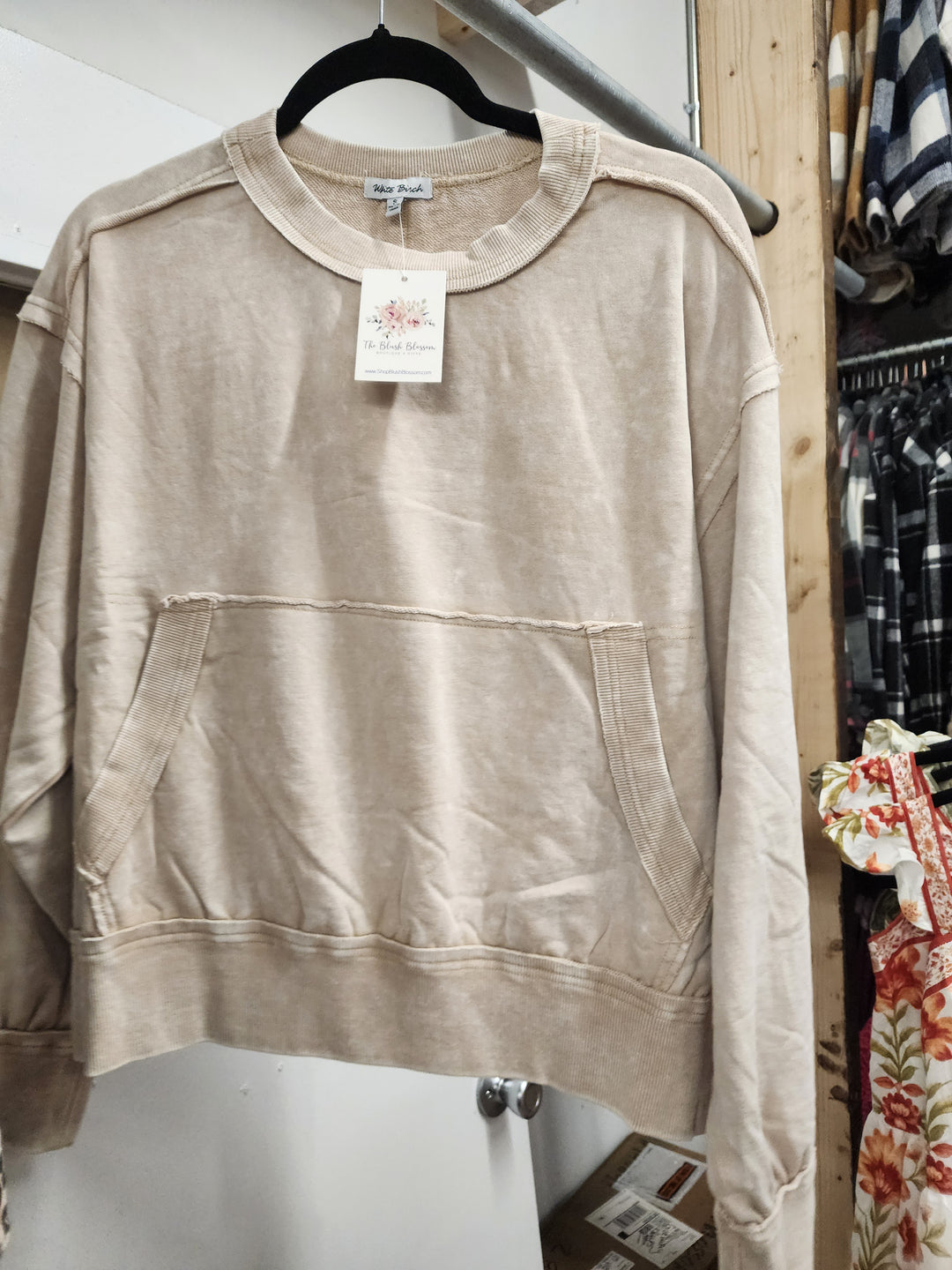 Stone Washed Ecru Pocket Sweatshirt