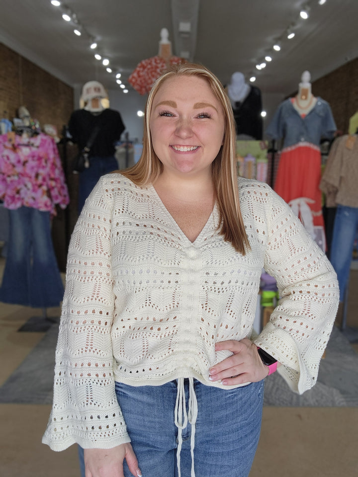 Pointelle Knit Ruched Front Sweater