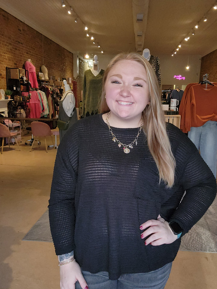 Long Sleeve Waffle Front Pocket Top