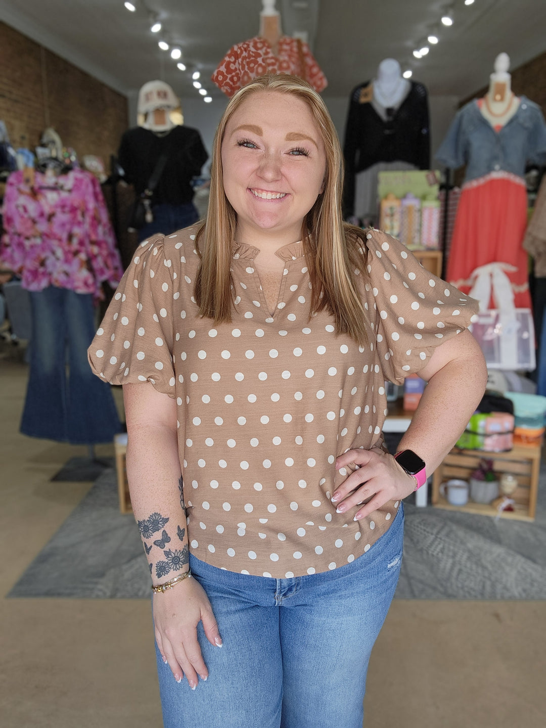 Polka Dot Woven Ruffle Blouse