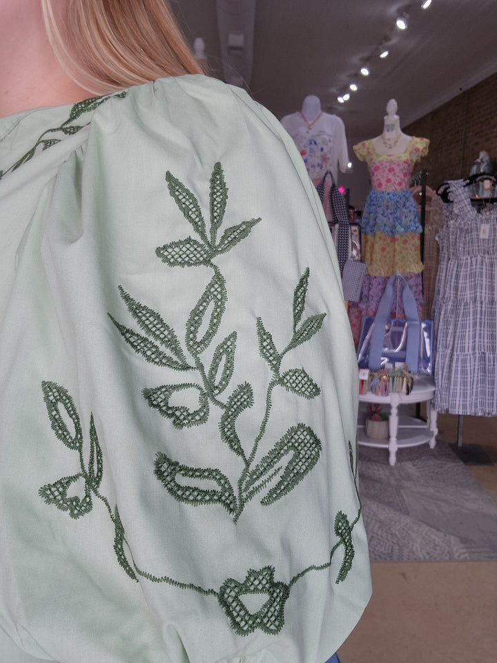 Sage Embroidered Peasant Blouse