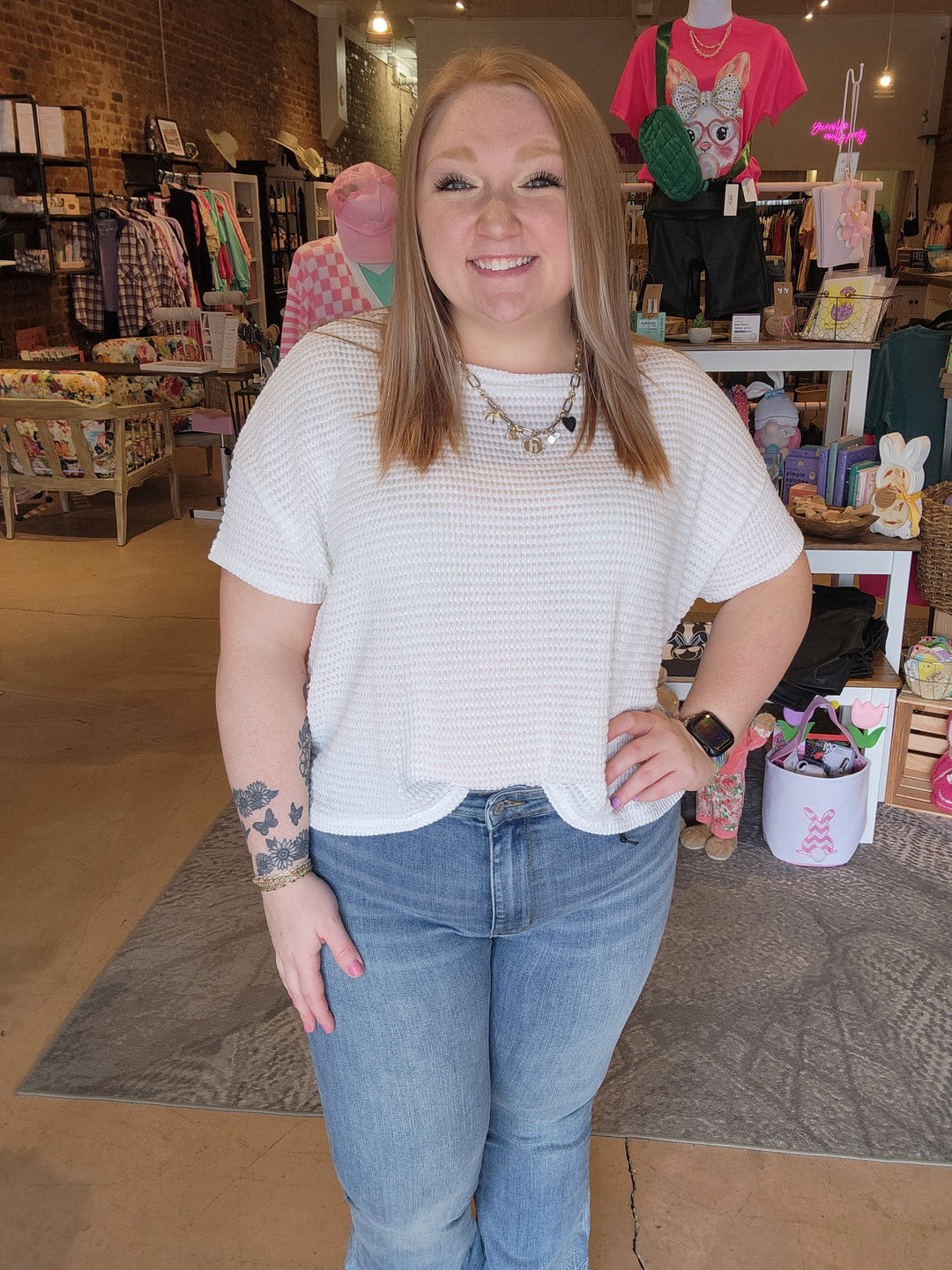 White Waffle Knit Mom Crop