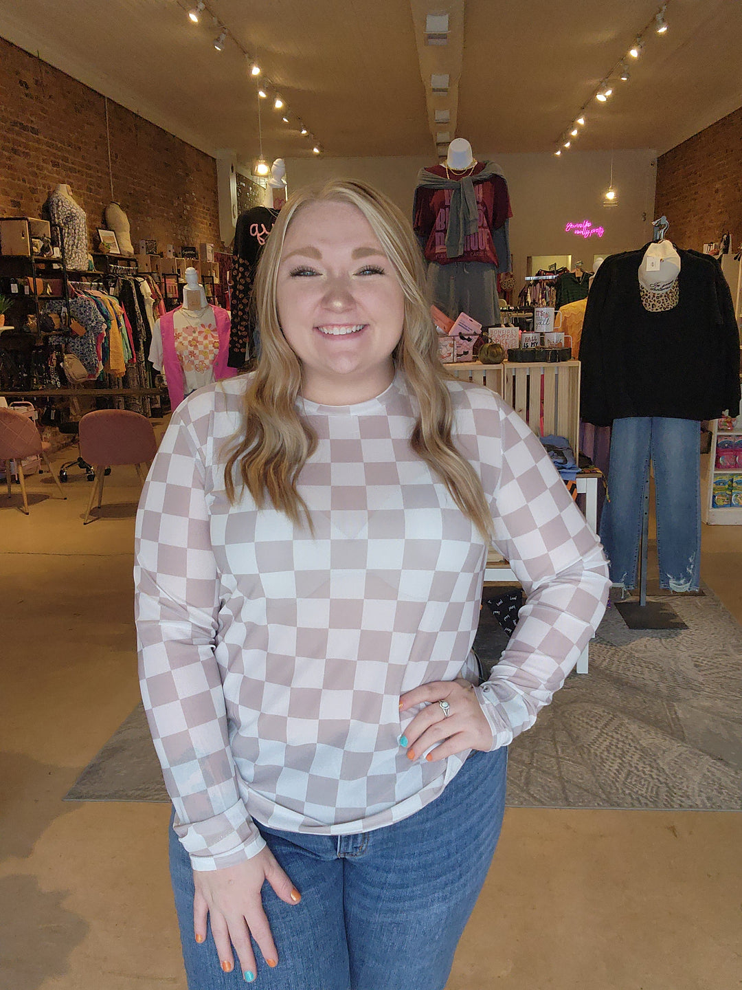 Tan Checkered Mesh Shirt