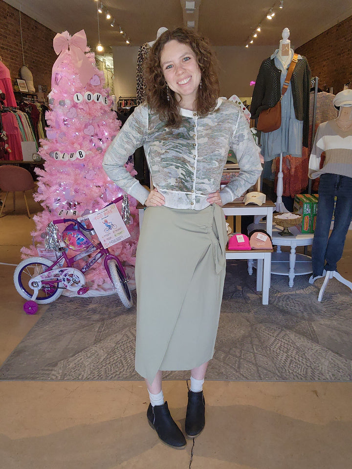 Sage Ruched Asymetric Midi Skirt