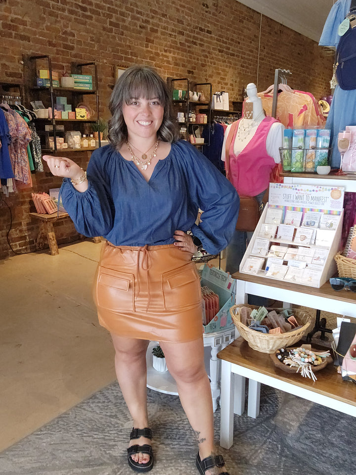 Vegan Leather Camel Cargo Skirt