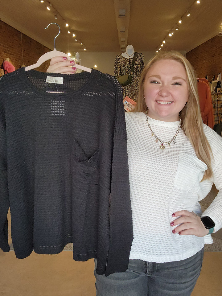 Long Sleeve Waffle Front Pocket Top